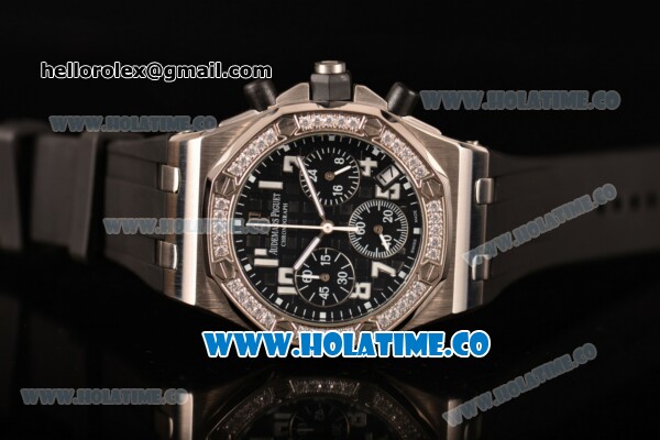 Audemars Piguet Royal Oak Offshore Miyota OS20 Quartz Steel Case with Black Dial and White Arabic Numeral Markers - Diamonds Bezel (EF) - Click Image to Close